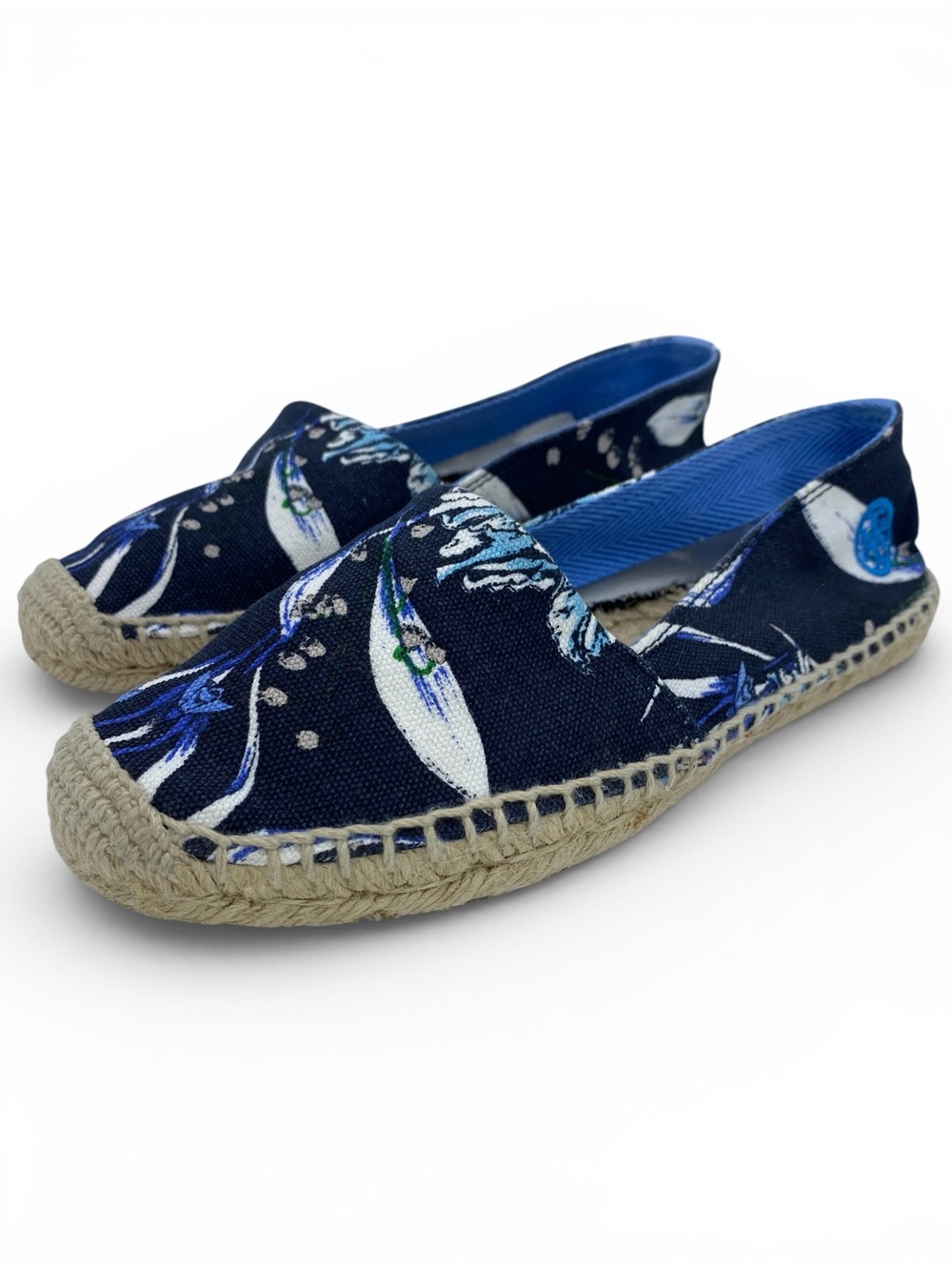 Tory Burch Floral Canvas Espadrilles Blue White Tan Slip On Flats Sz 6